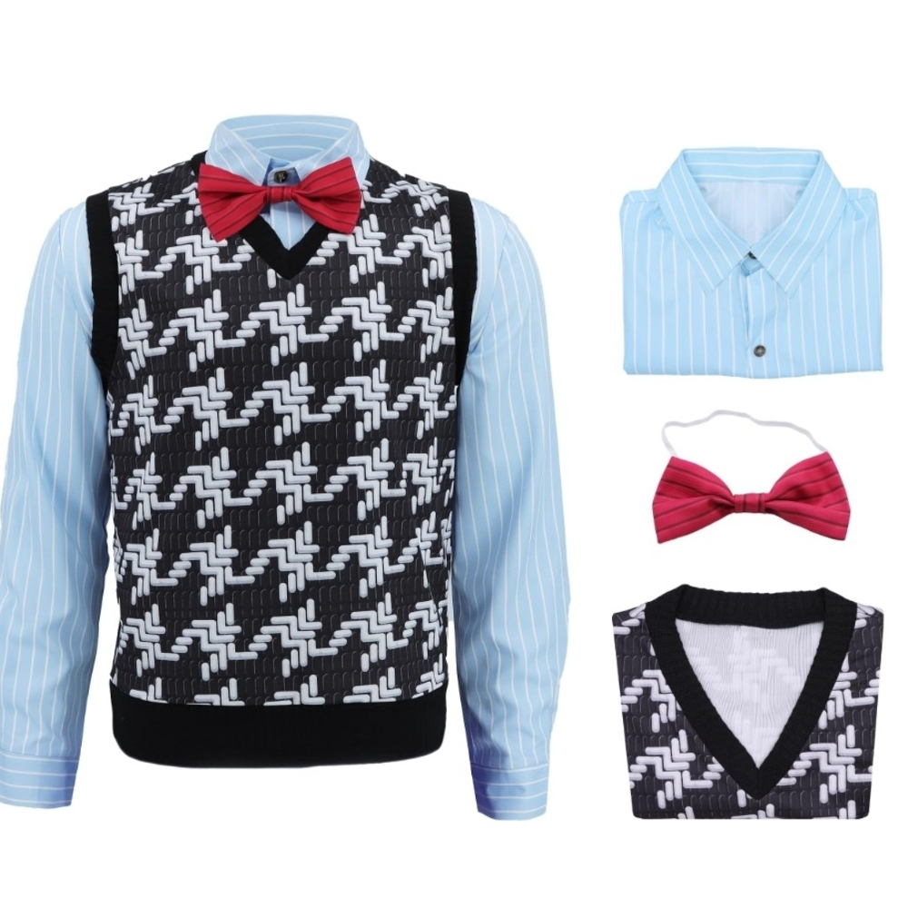 Stylish White & Black Patterned Men's Vest With Shirt with Red Bow Tie -COSTUME